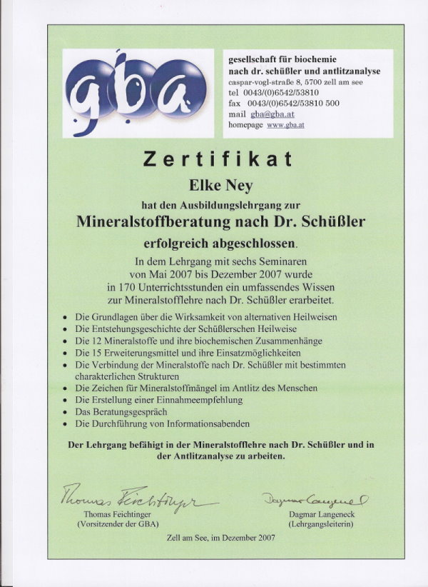 Zertifikat Mineralstoff